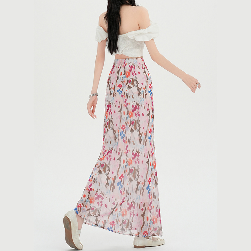 High waist A-line tender mermaid floral long summer skirt