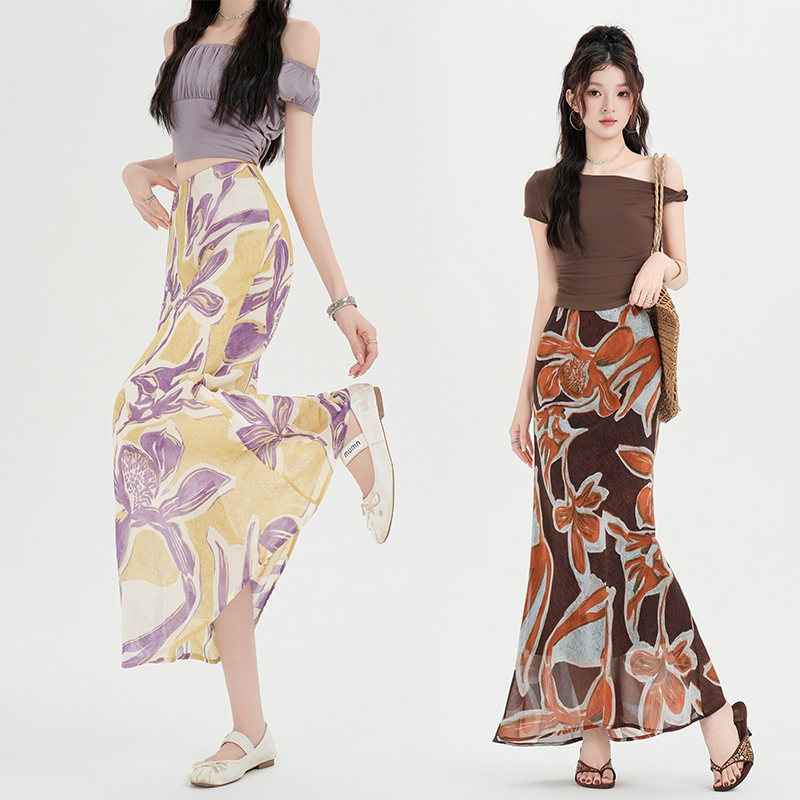 Temperament elegant floral long skirt retro mermaid skirt