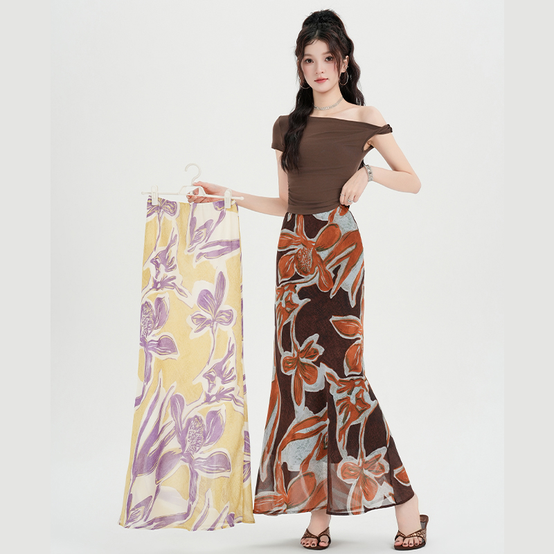Temperament elegant floral long skirt retro mermaid skirt