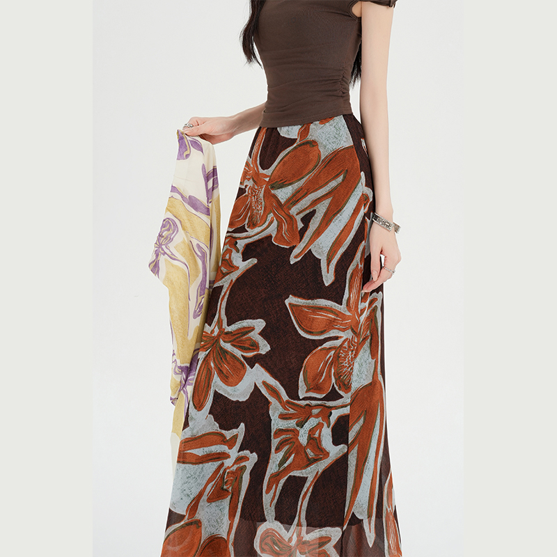 Temperament elegant floral long skirt retro mermaid skirt