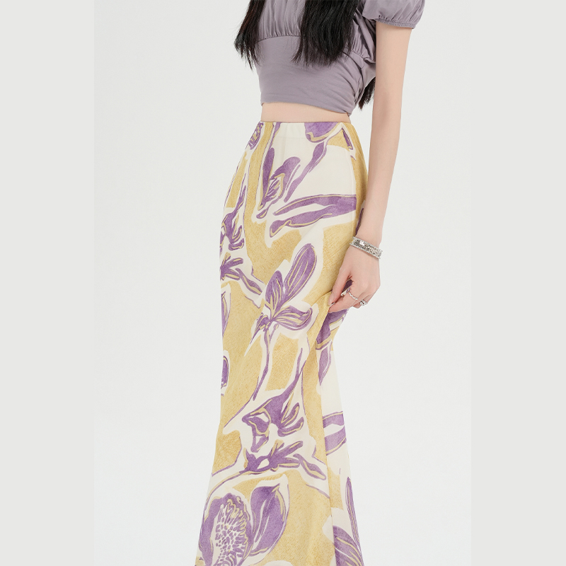 Temperament elegant floral long skirt retro mermaid skirt