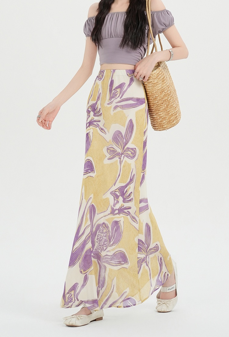 Temperament elegant floral long skirt retro mermaid skirt