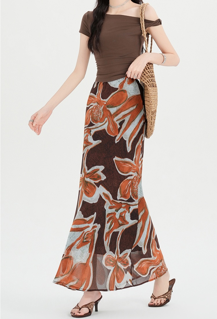 Temperament elegant floral long skirt retro mermaid skirt