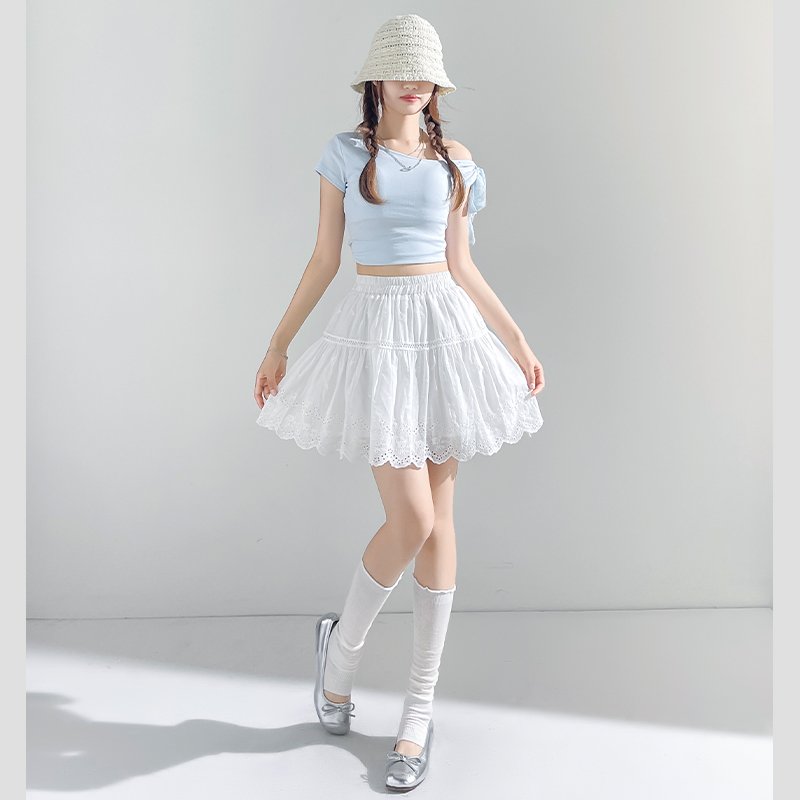Summer hollow lace white retro high waist skirt