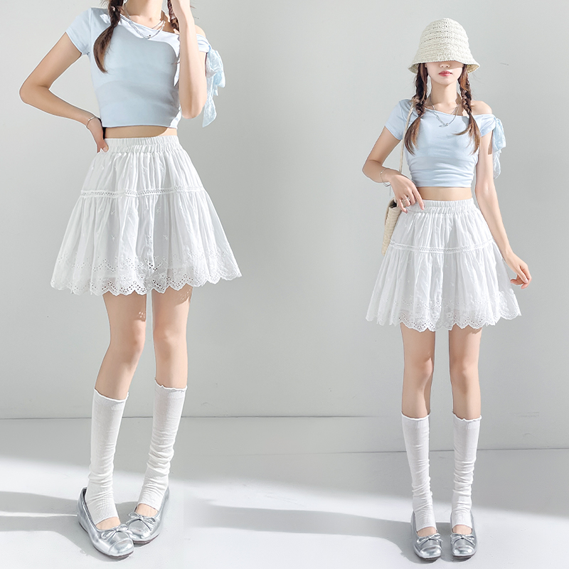 Summer hollow lace white retro high waist skirt