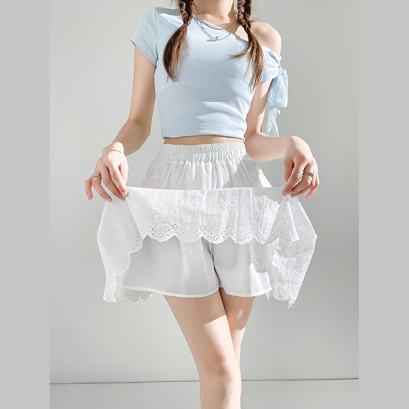 Summer hollow lace white retro high waist skirt