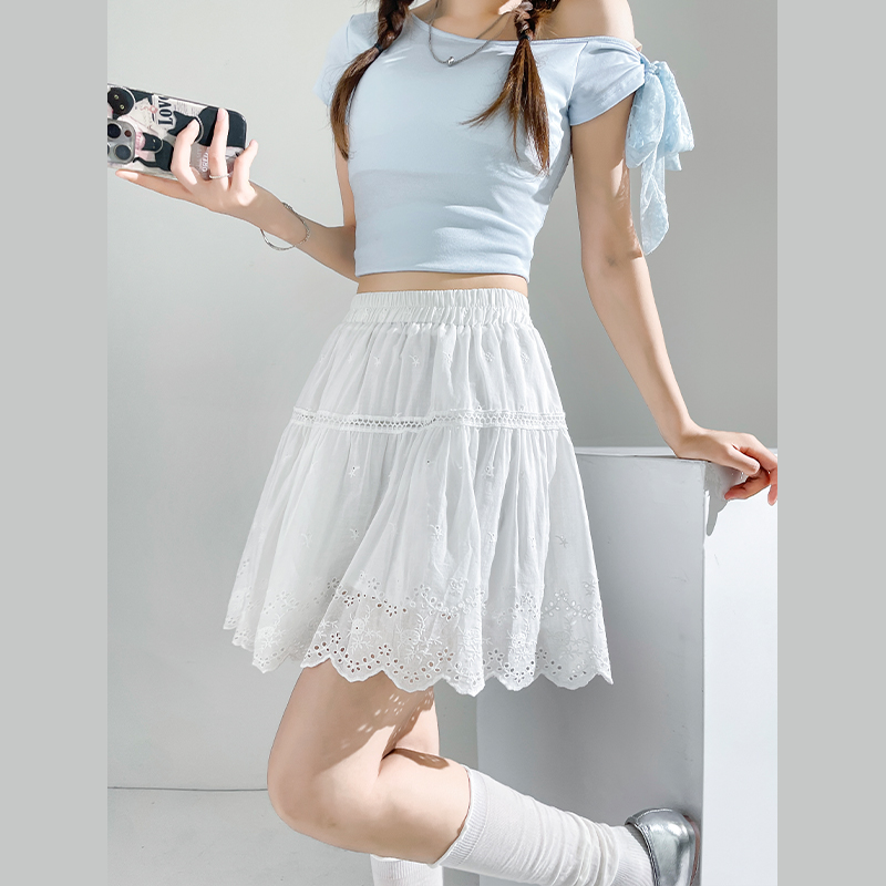 Summer hollow lace white retro high waist skirt