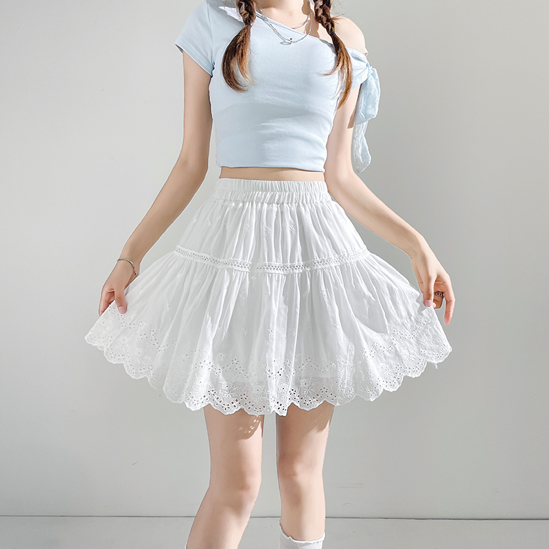 Summer hollow lace white retro high waist skirt