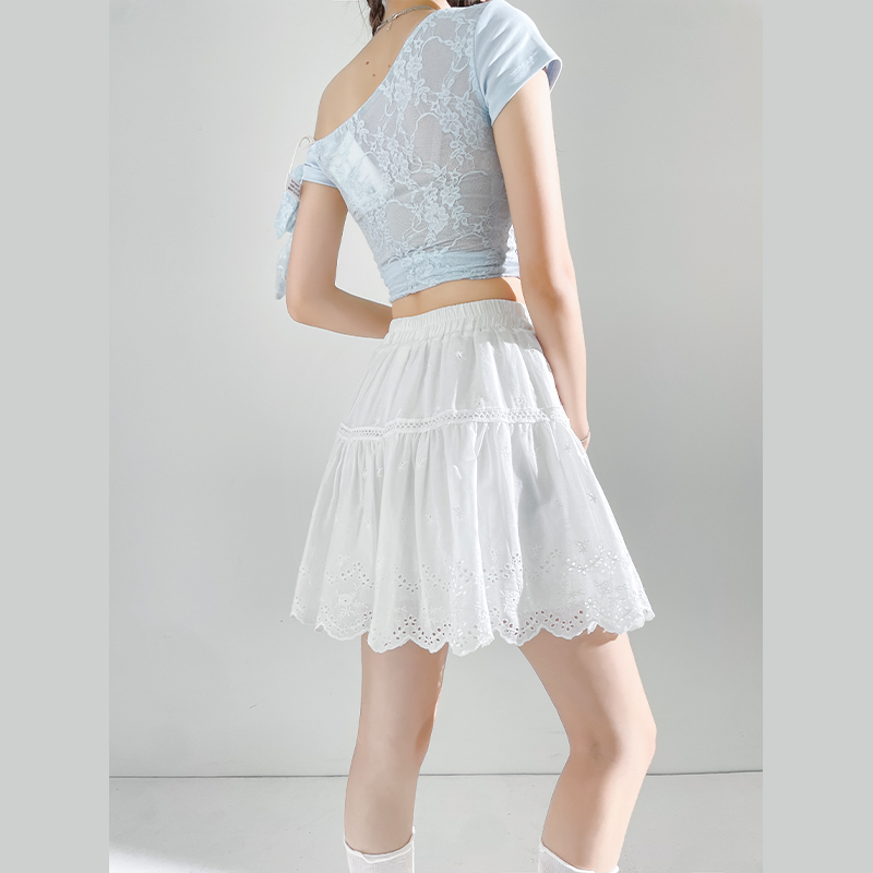 Summer hollow lace white retro high waist skirt