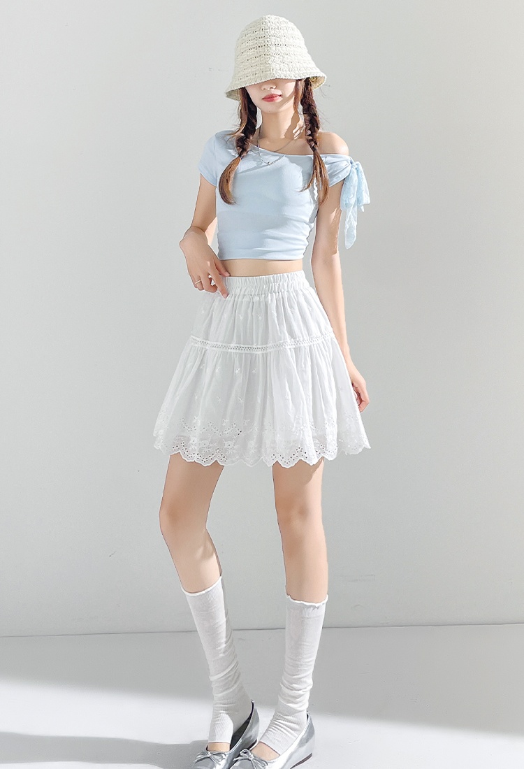 Summer hollow lace white retro high waist skirt