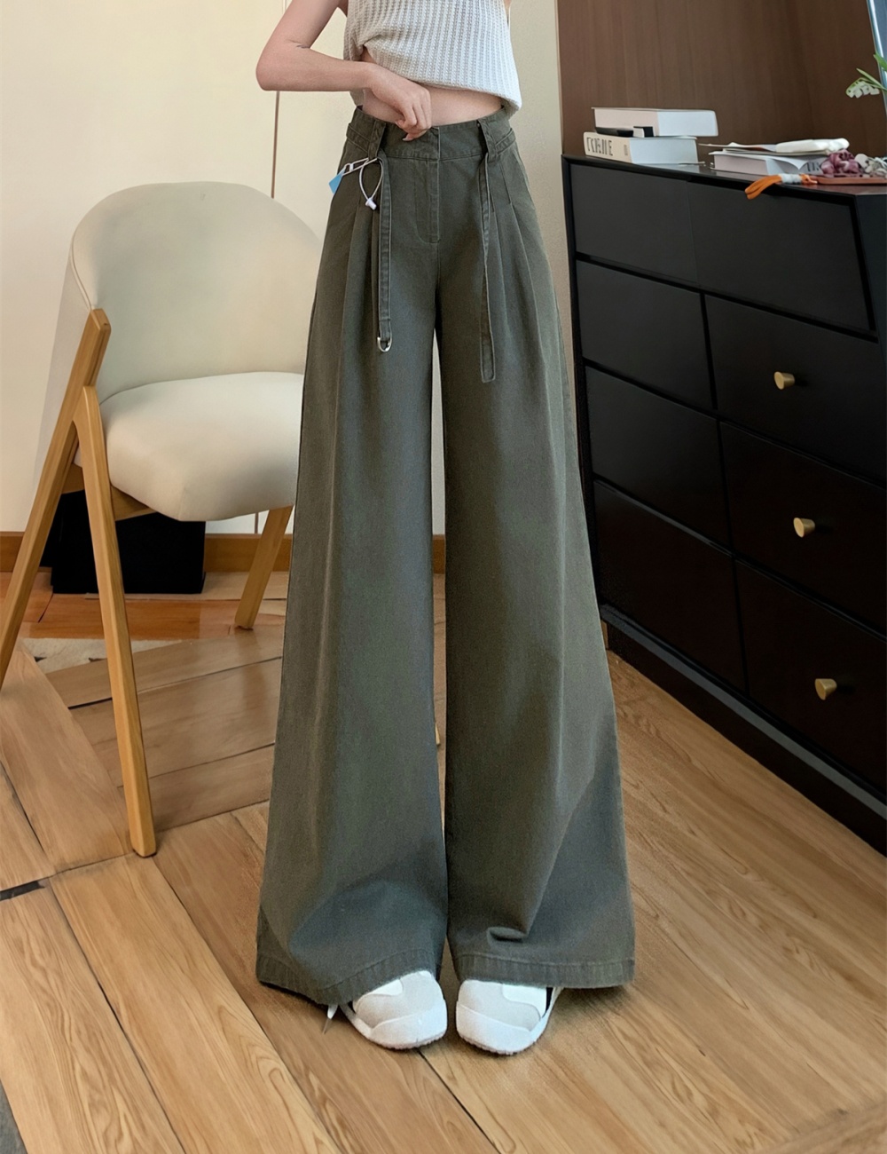 Olive-green jeans high waist long pants for women