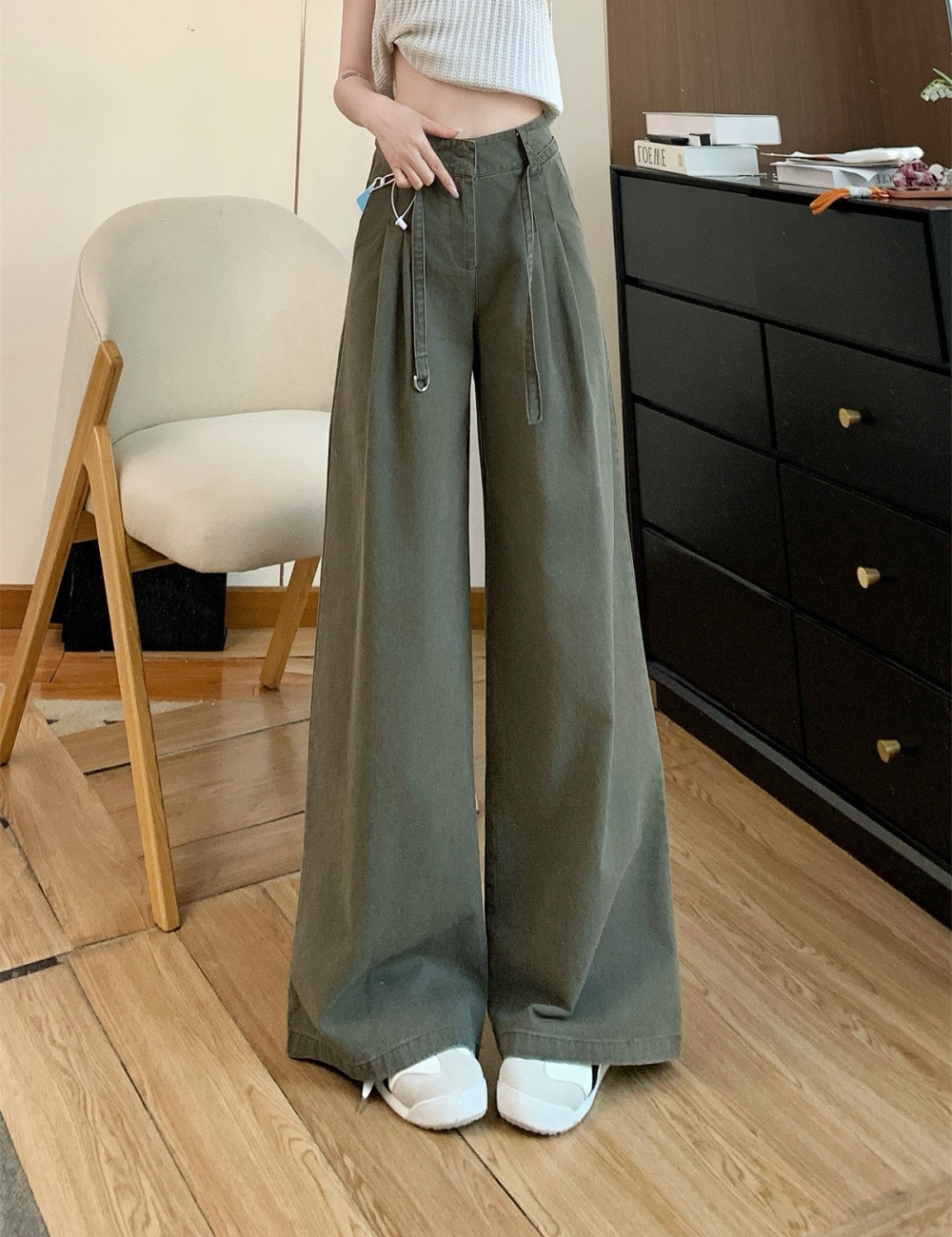 Olive-green jeans high waist long pants for women