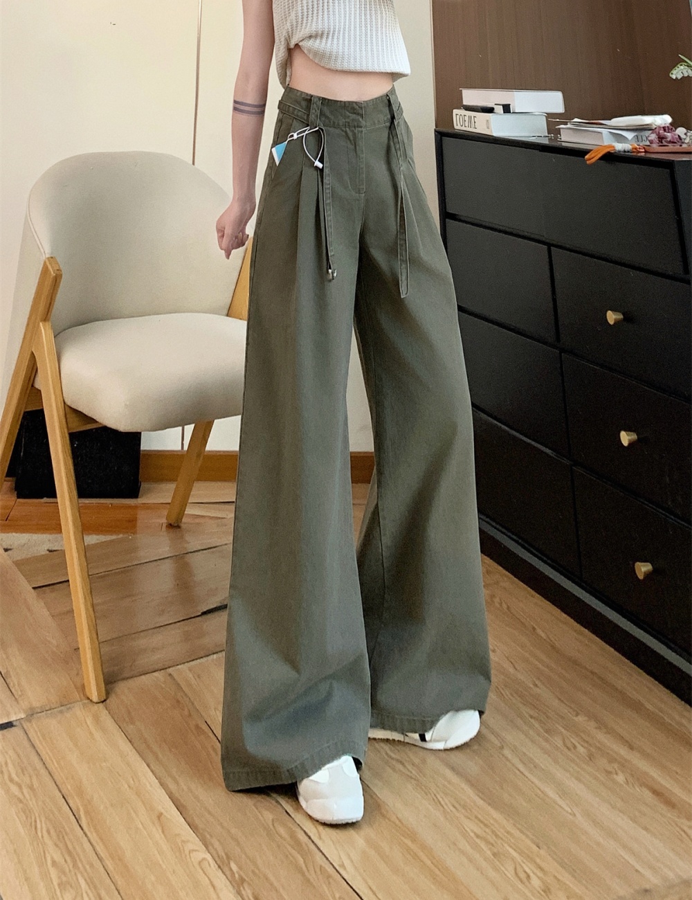 Olive-green jeans high waist long pants for women