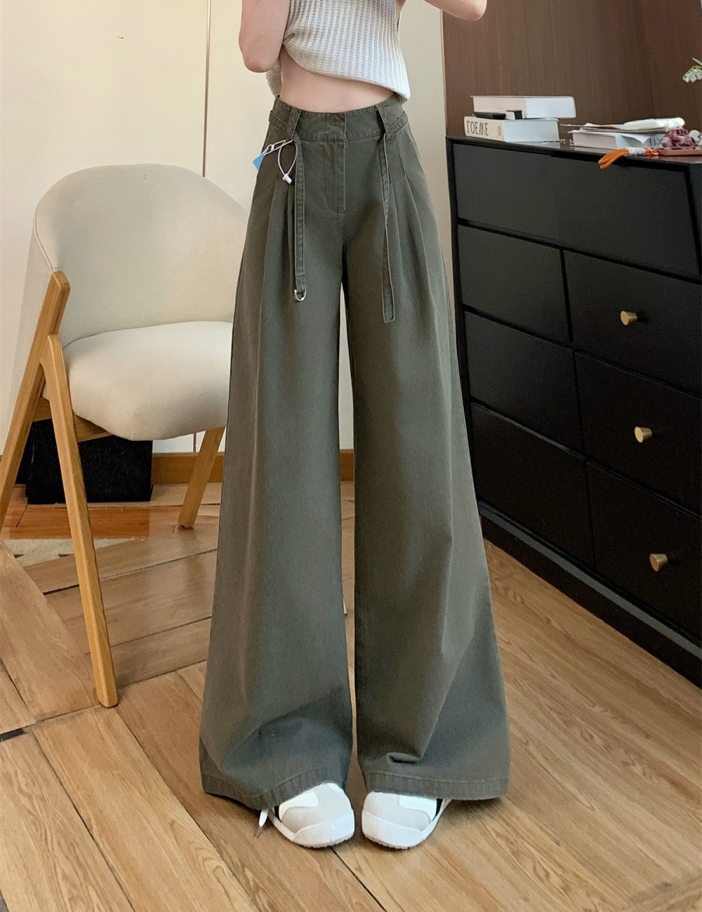 Olive-green jeans high waist long pants for women