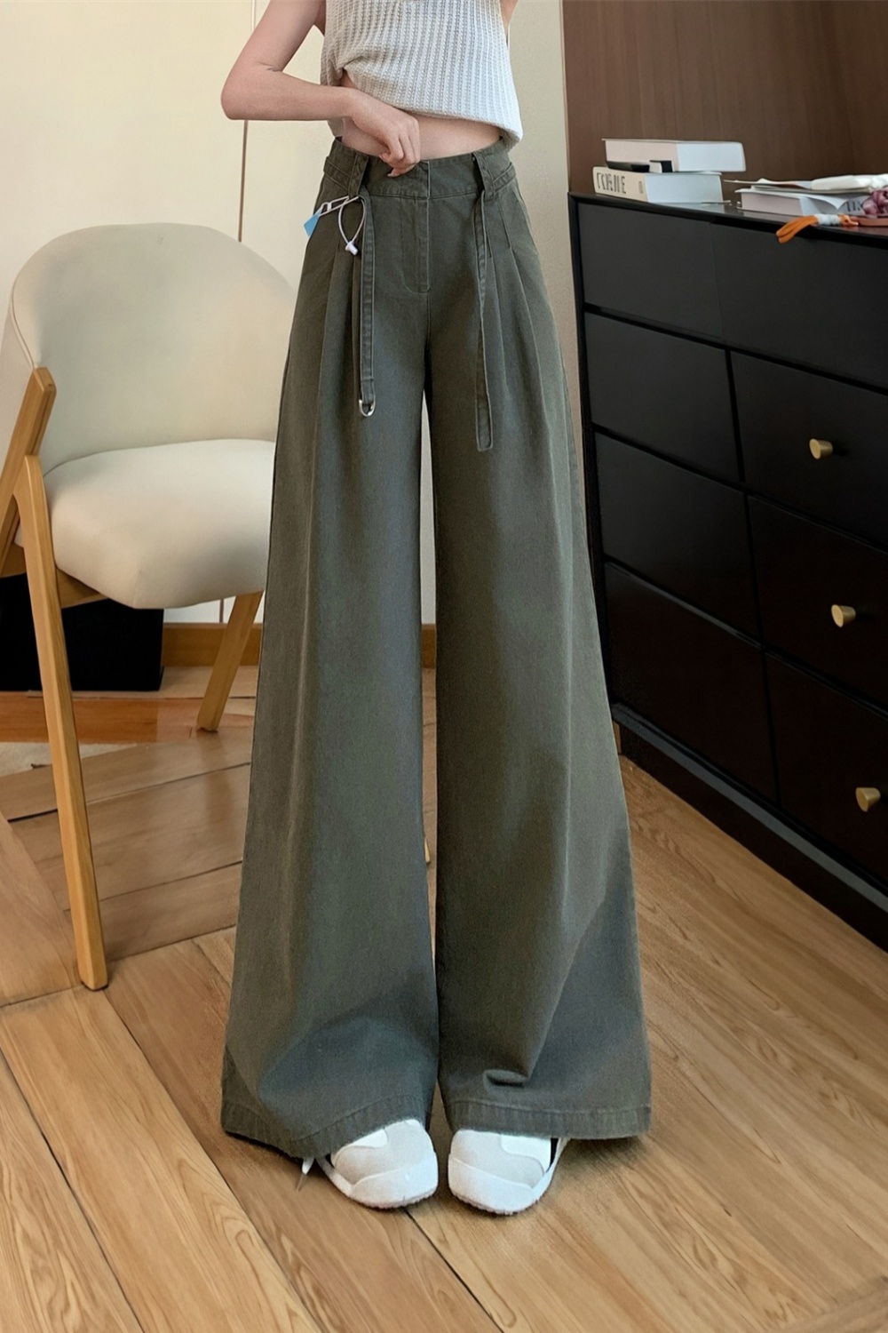 Olive-green jeans high waist long pants for women