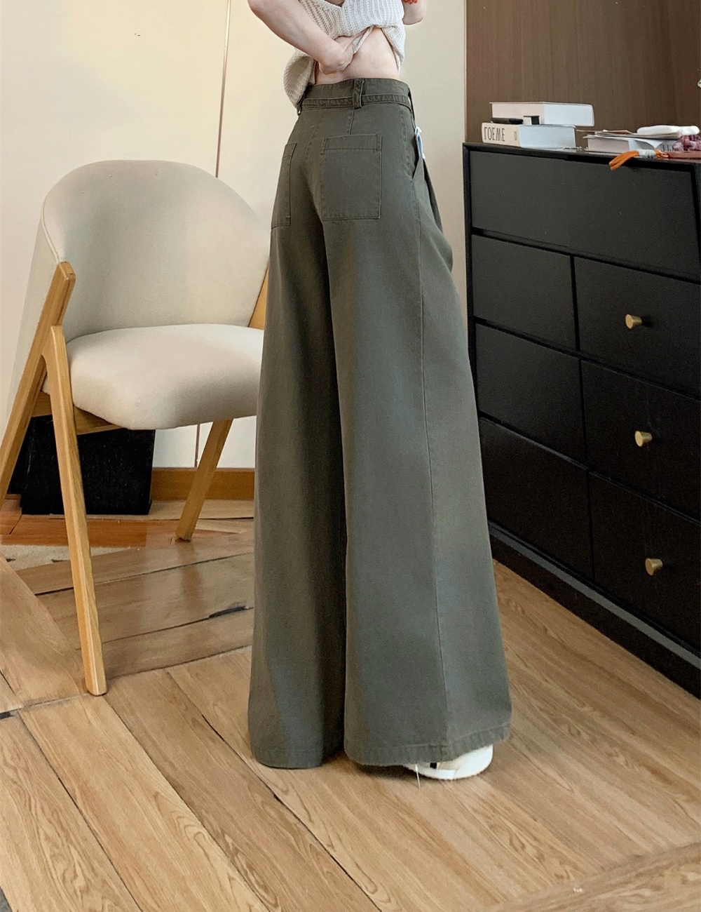 Olive-green jeans high waist long pants for women