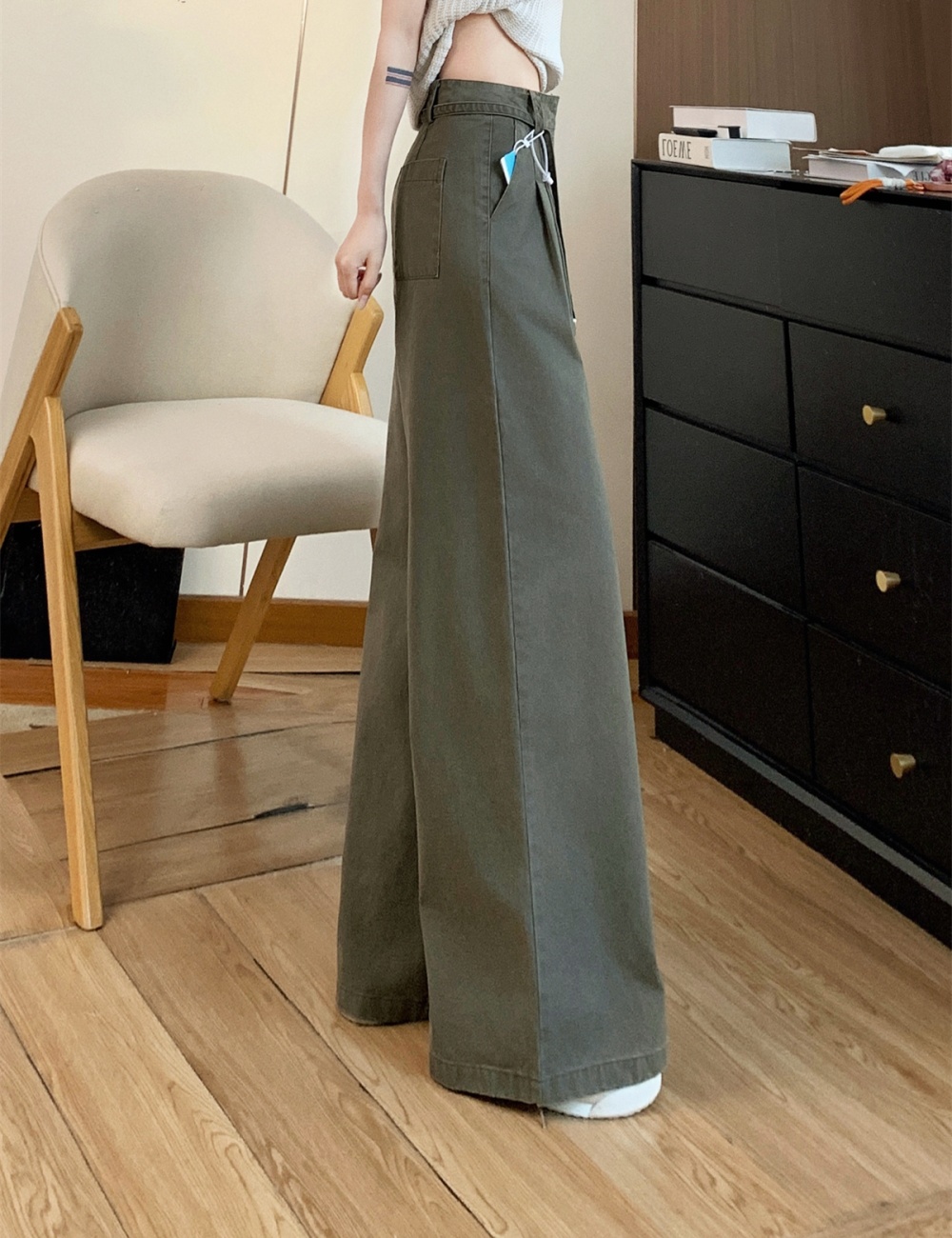 Olive-green jeans high waist long pants for women