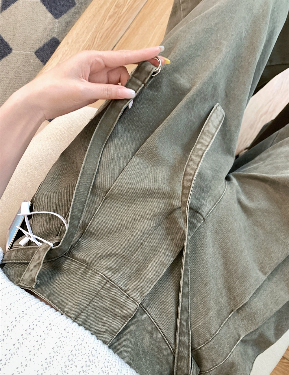 Olive-green jeans high waist long pants for women