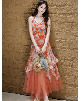Vacation irregular dress red lady long dress