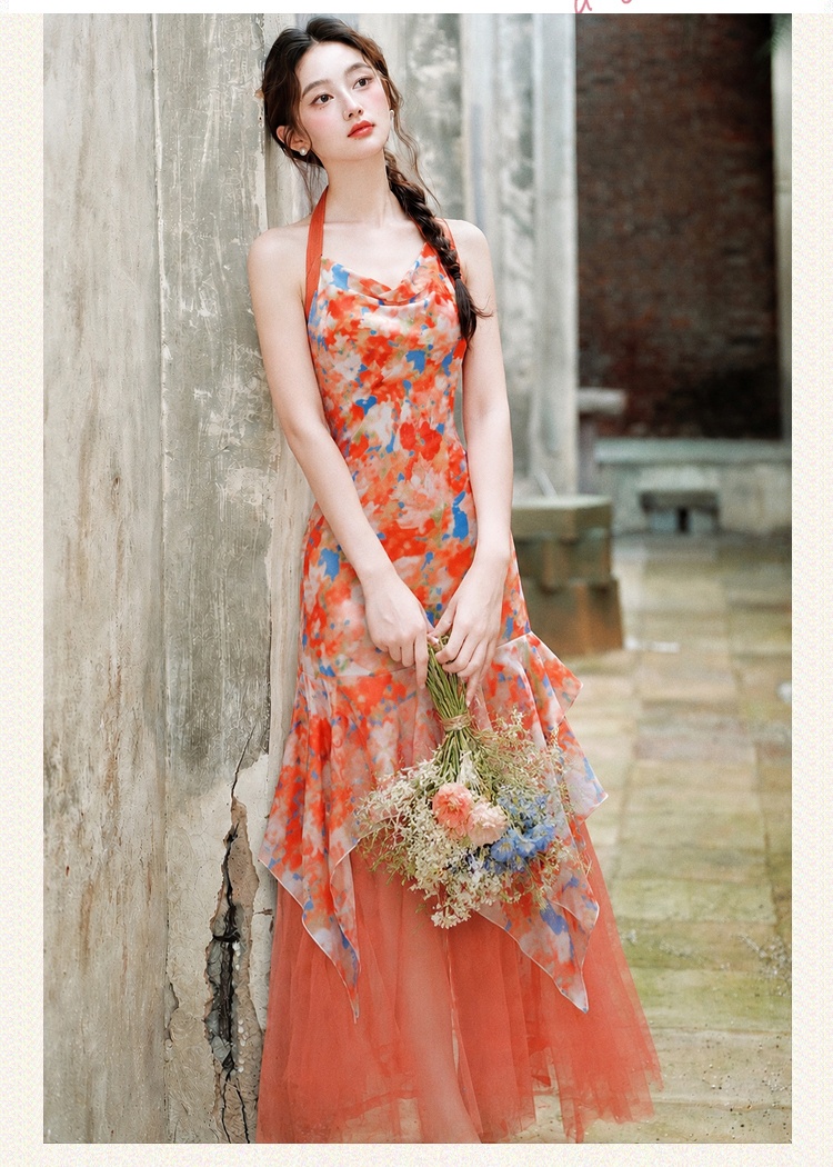 Vacation irregular dress red lady long dress