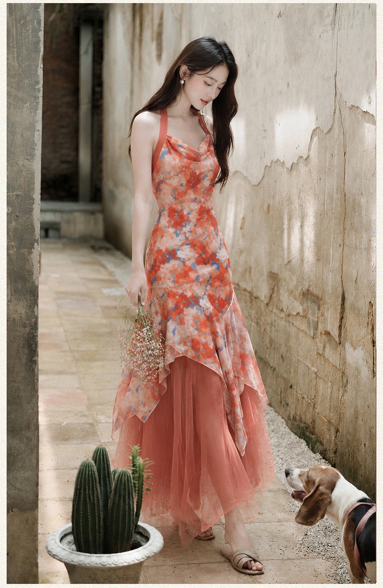 Vacation irregular dress red lady long dress