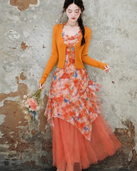 Red long dress seaside dress 2pcs set for women