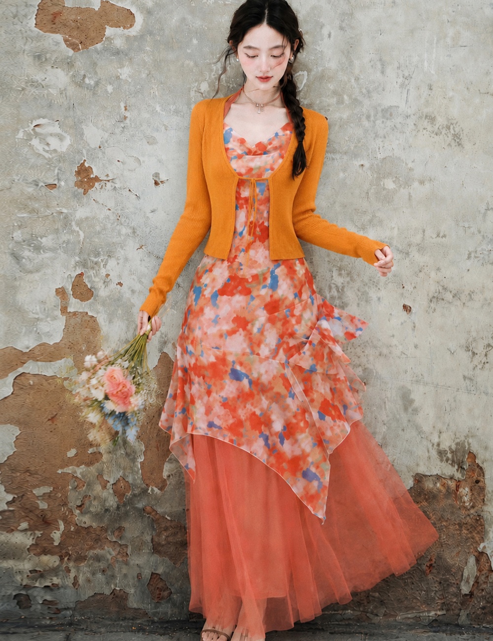 Red long dress seaside dress 2pcs set for women
