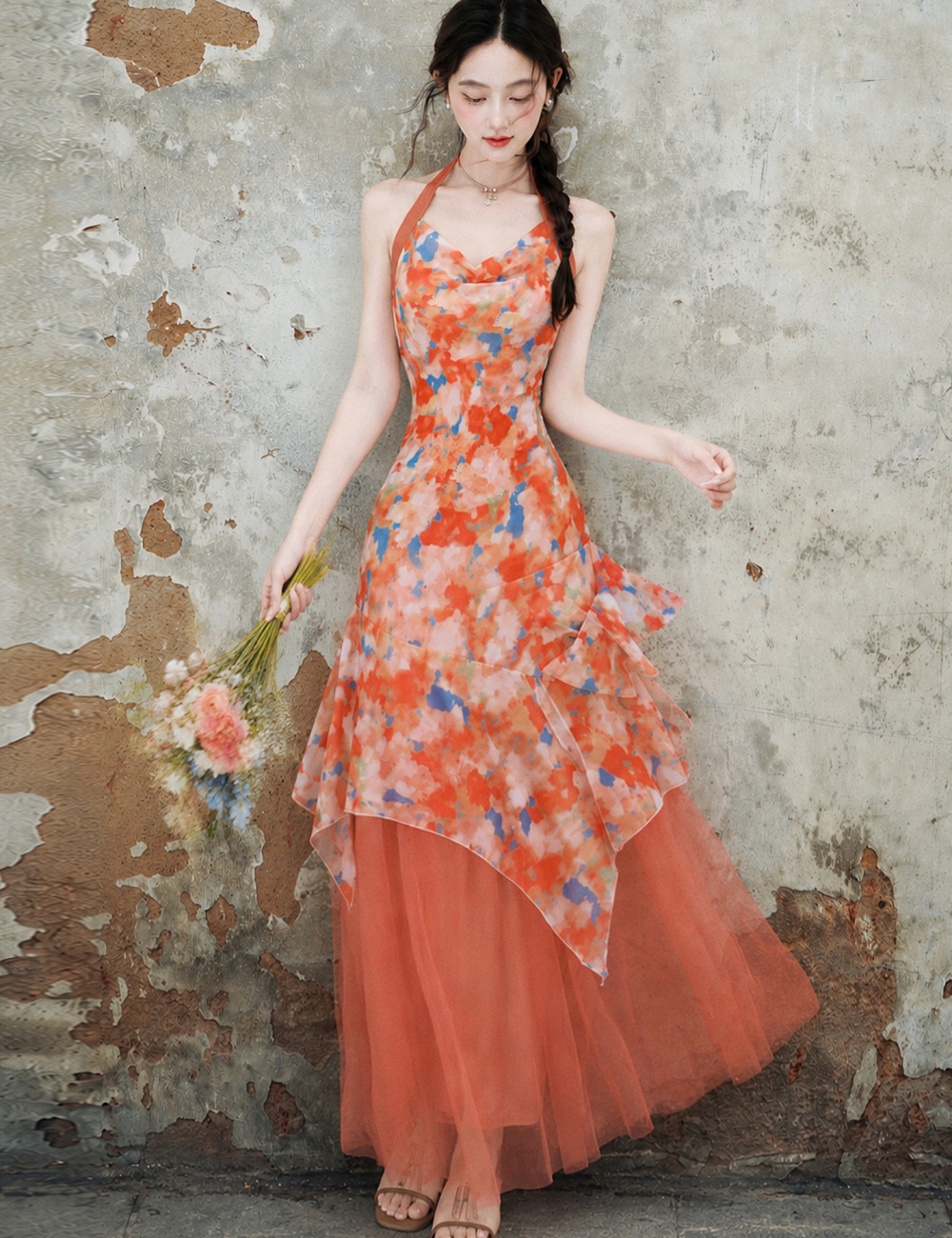 Red long dress seaside dress 2pcs set for women