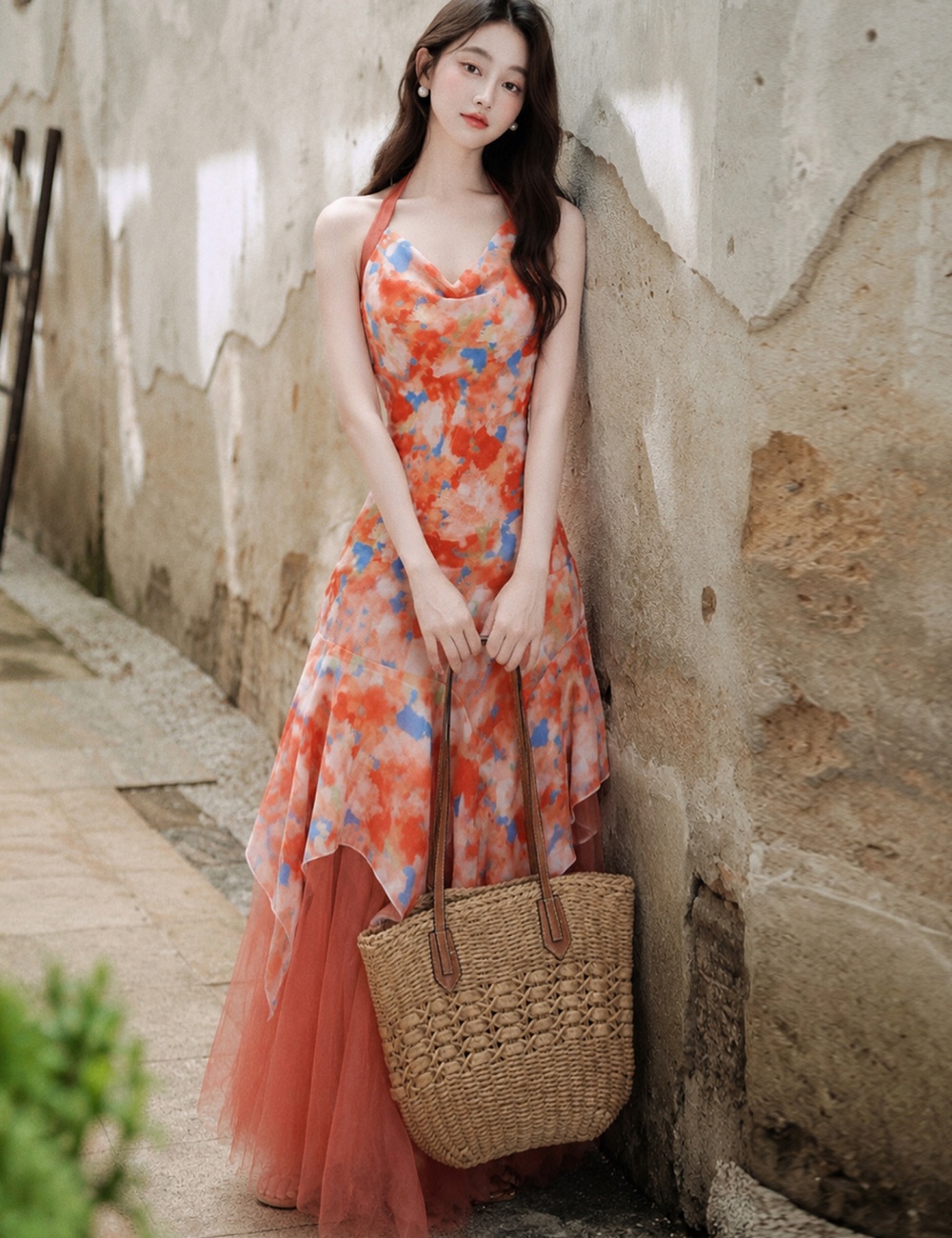 Red long dress seaside dress 2pcs set for women