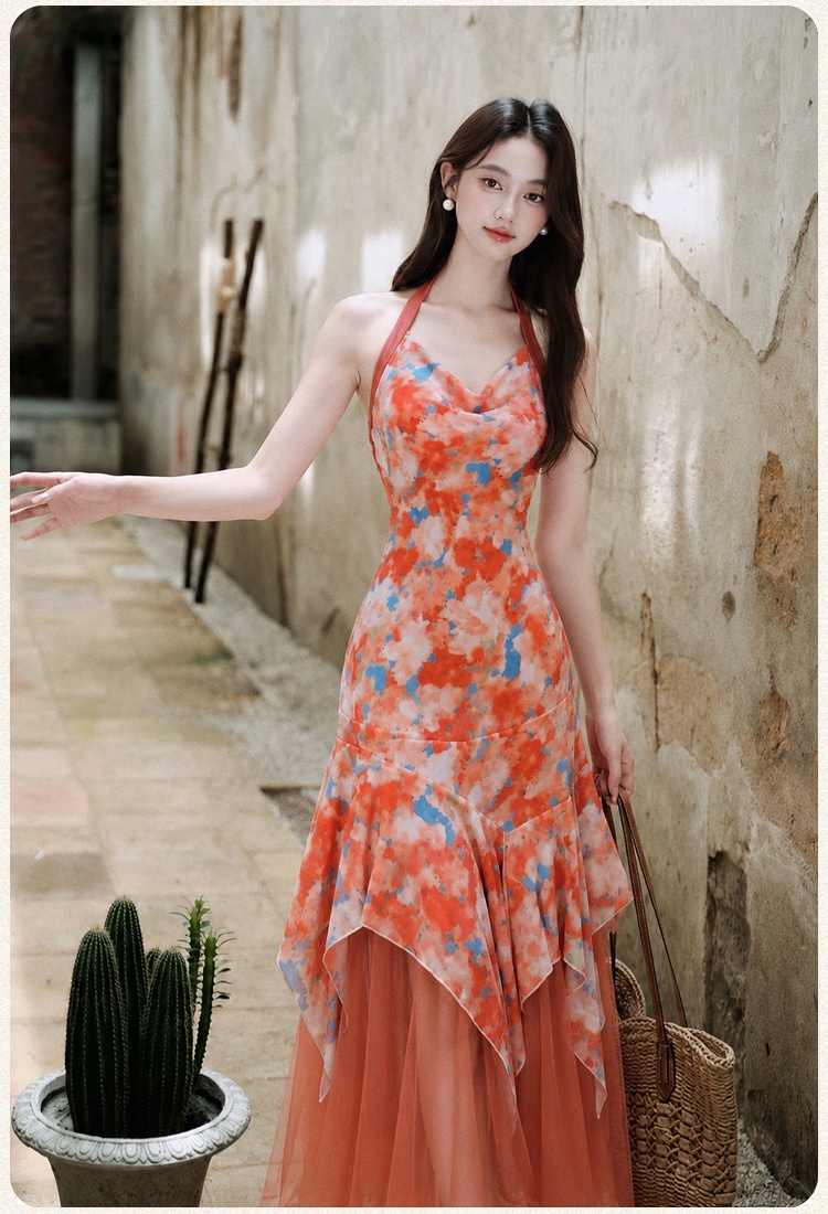Red long dress seaside dress 2pcs set for women