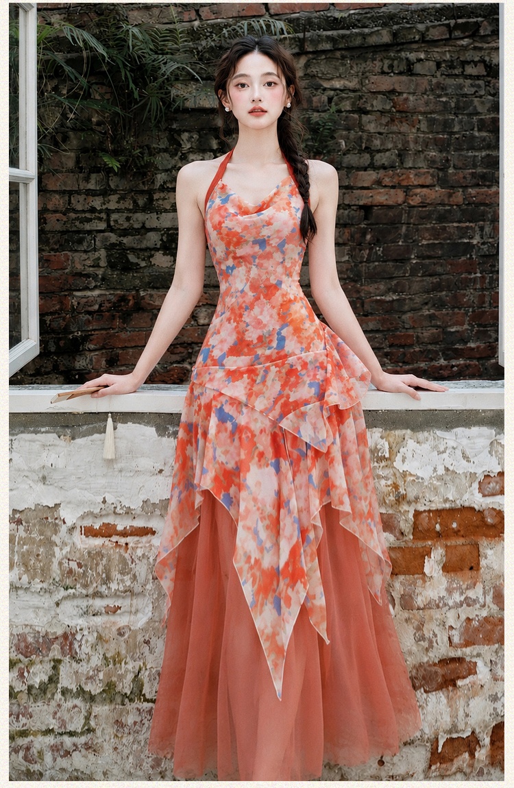 Red long dress seaside dress 2pcs set for women