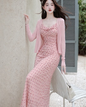 Package hip vacation pink strap dress pinched waist slim coat