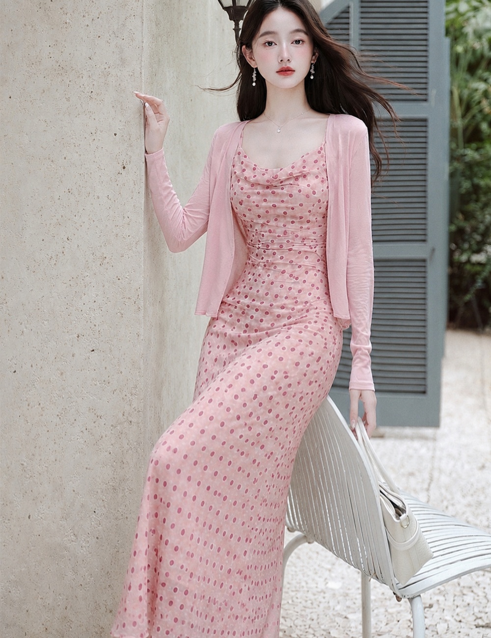 Package hip vacation pink strap dress pinched waist slim coat