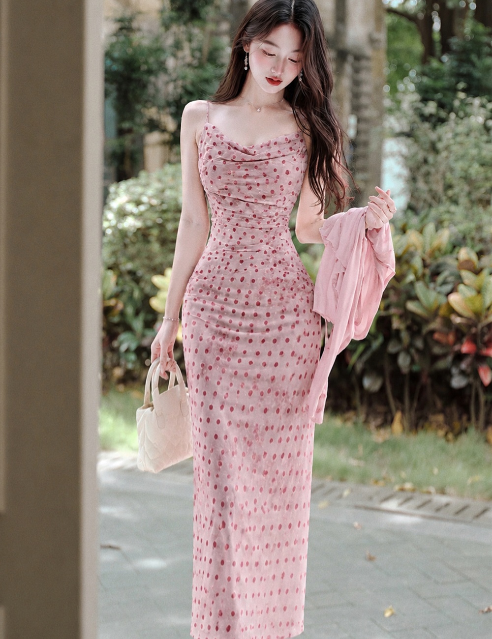 Package hip vacation pink strap dress pinched waist slim coat