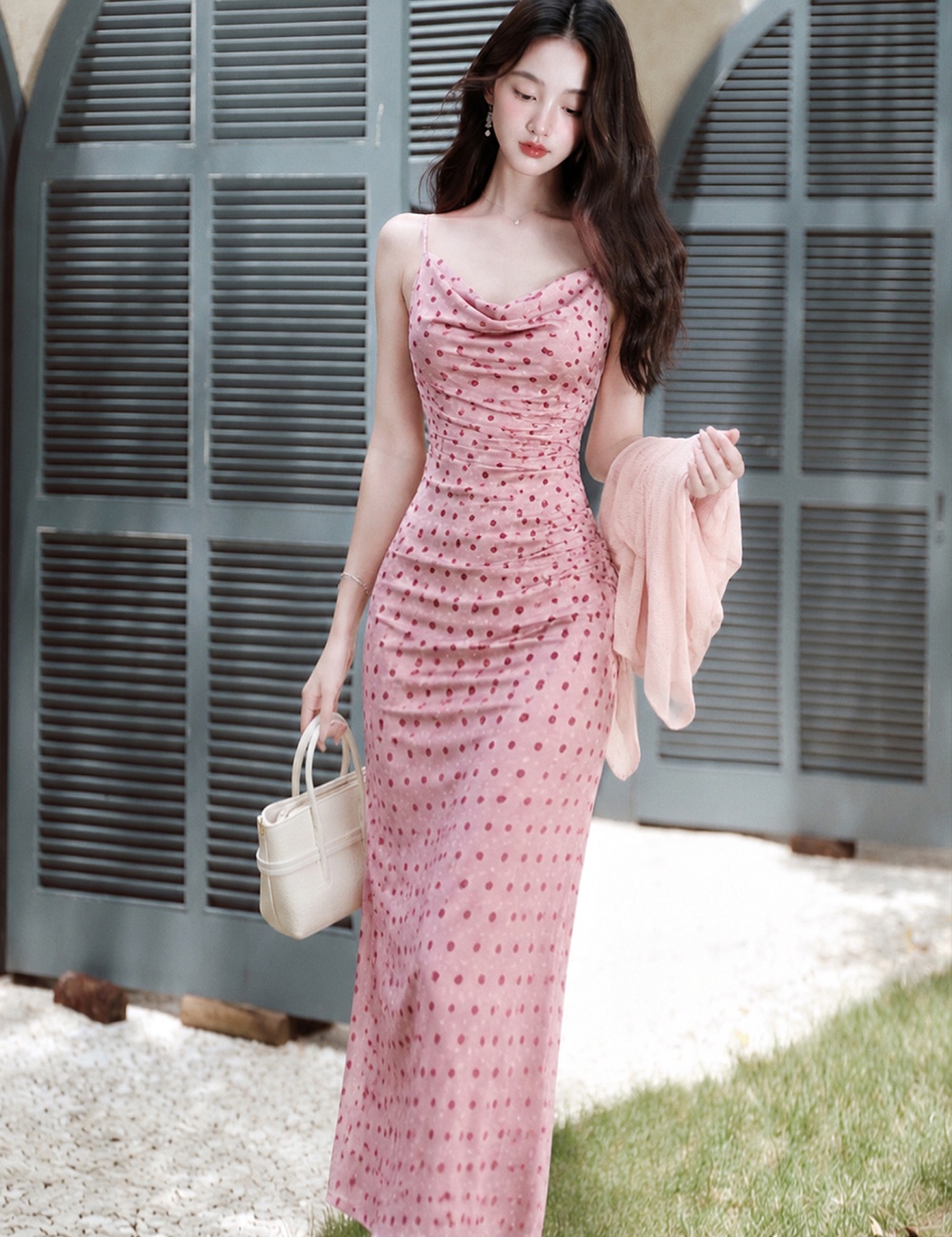 Package hip vacation pink strap dress pinched waist slim coat