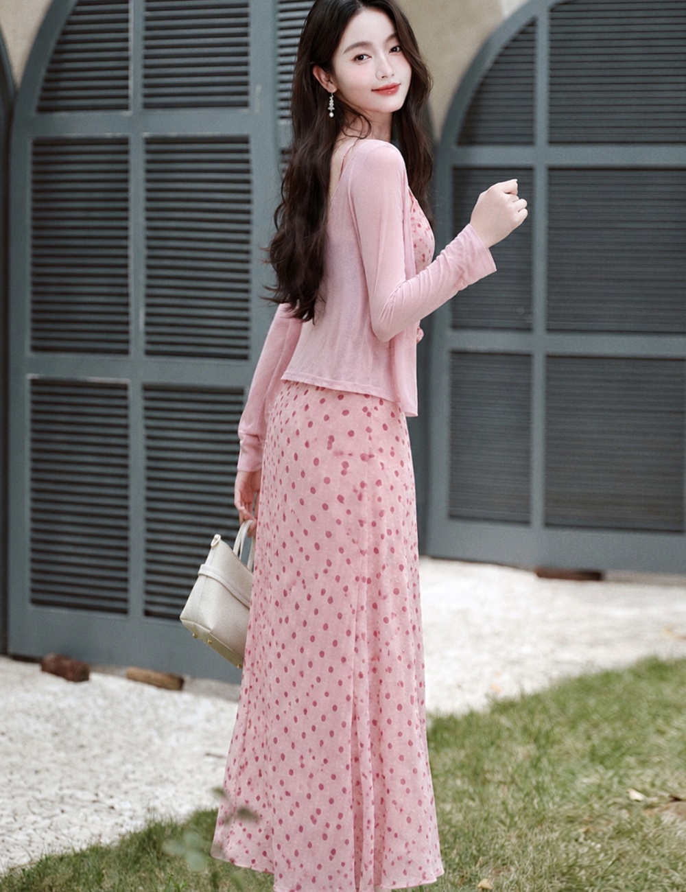 Package hip vacation pink strap dress pinched waist slim coat