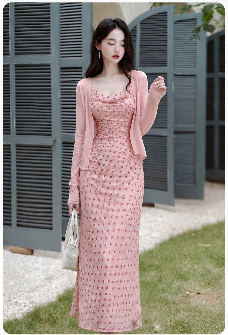 Package hip vacation pink strap dress pinched waist slim coat