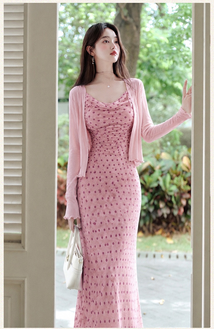 Package hip vacation pink strap dress pinched waist slim coat