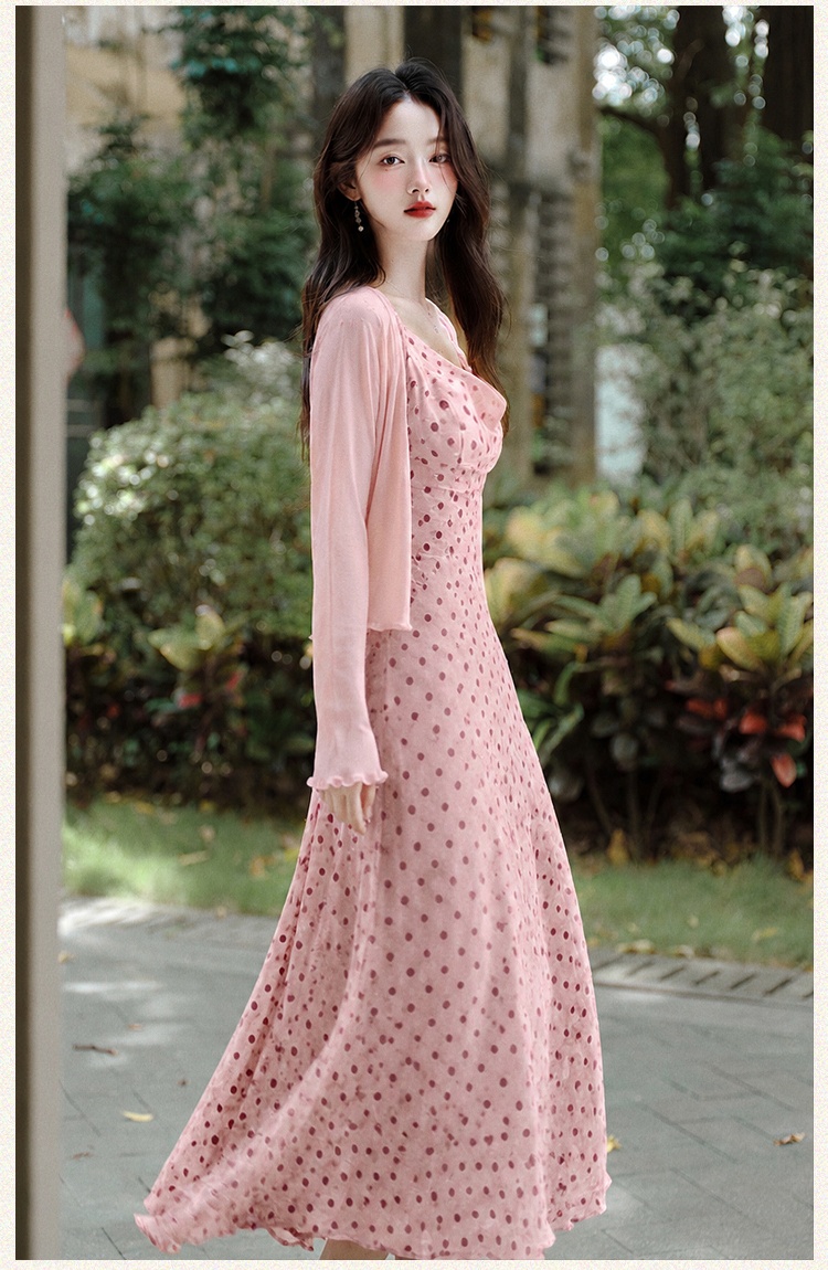 Package hip vacation pink strap dress pinched waist slim coat