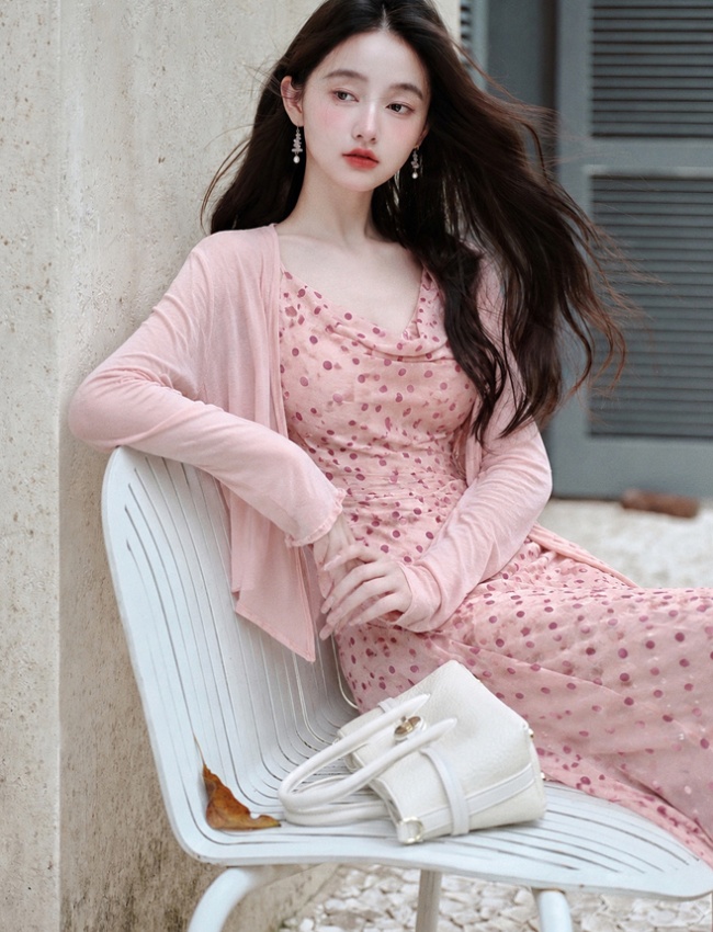 Package hip vacation pink strap dress pinched waist slim coat