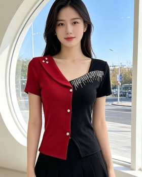 Pinched waist splice T-shirt slim all-match tops for women