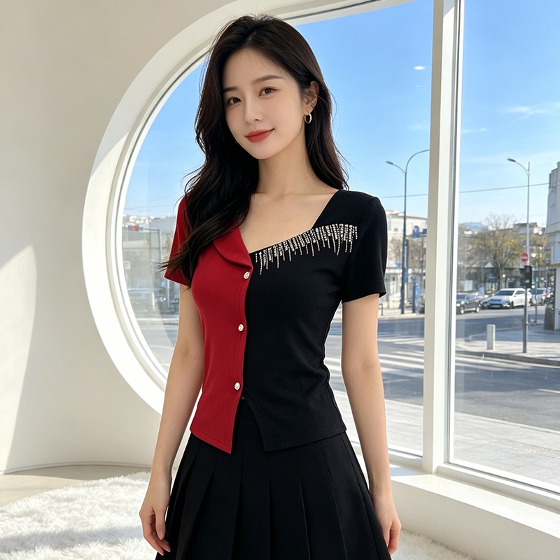 Pinched waist splice T-shirt slim all-match tops for women