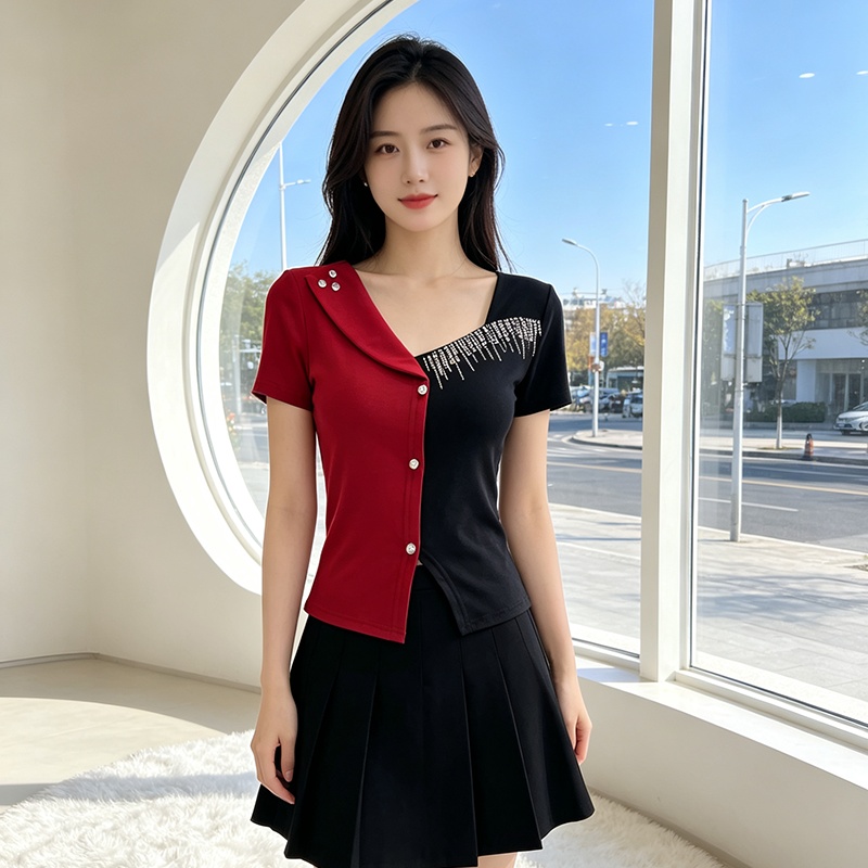 Pinched waist splice T-shirt slim all-match tops for women