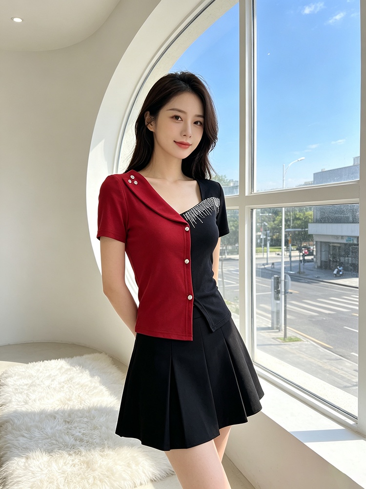 Pinched waist splice T-shirt slim all-match tops for women
