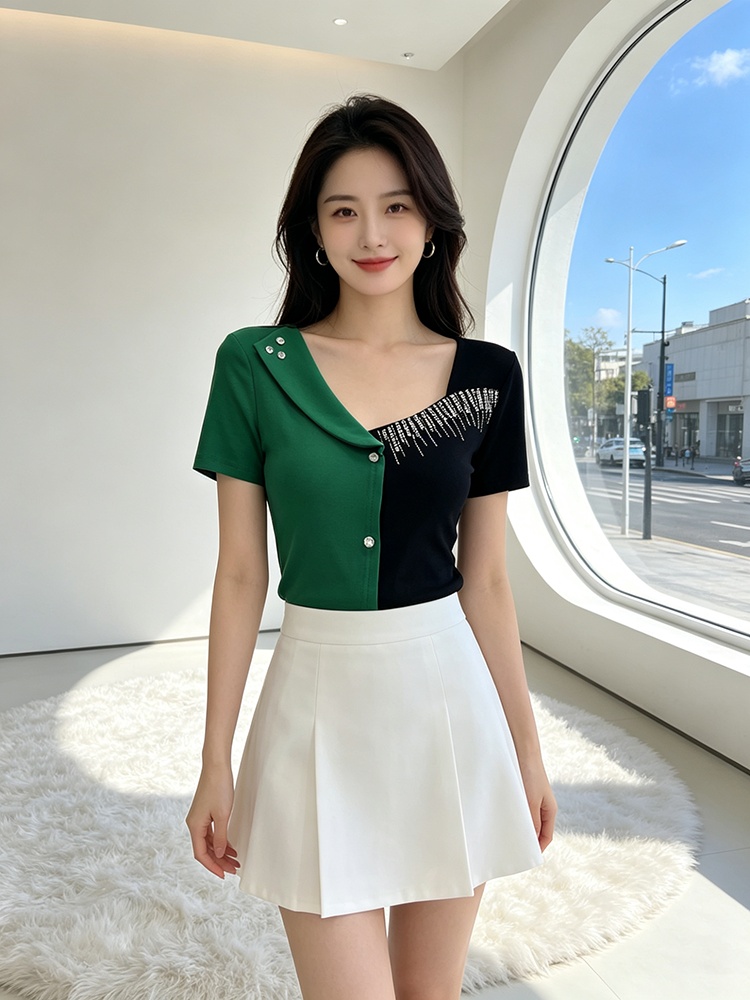 Pinched waist splice T-shirt slim all-match tops for women