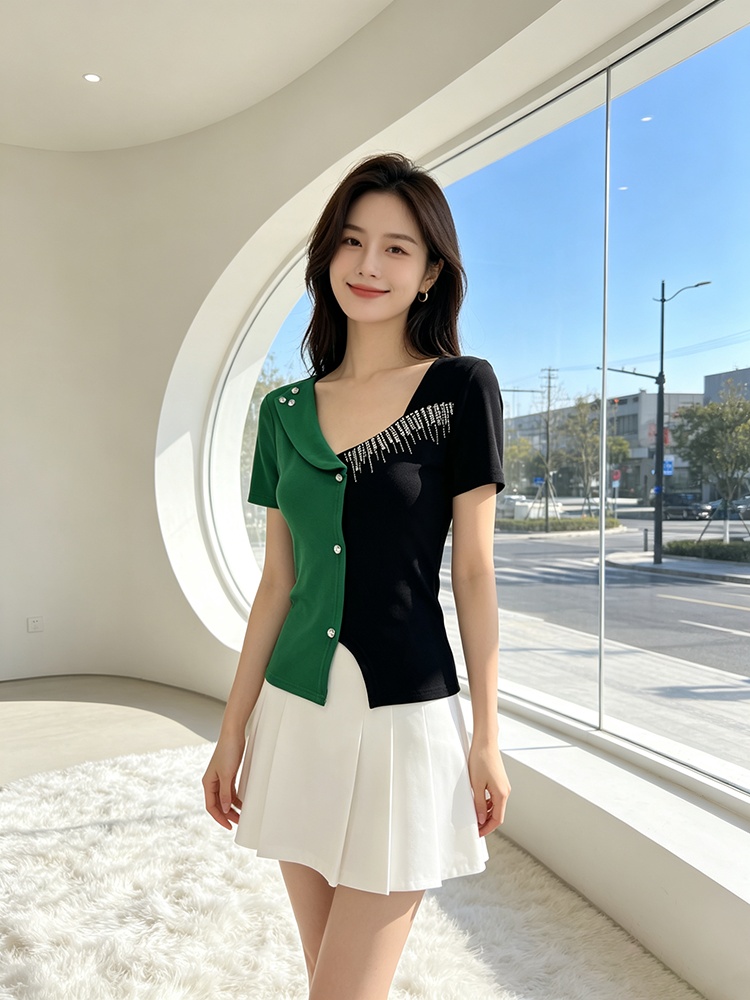 Pinched waist splice T-shirt slim all-match tops for women