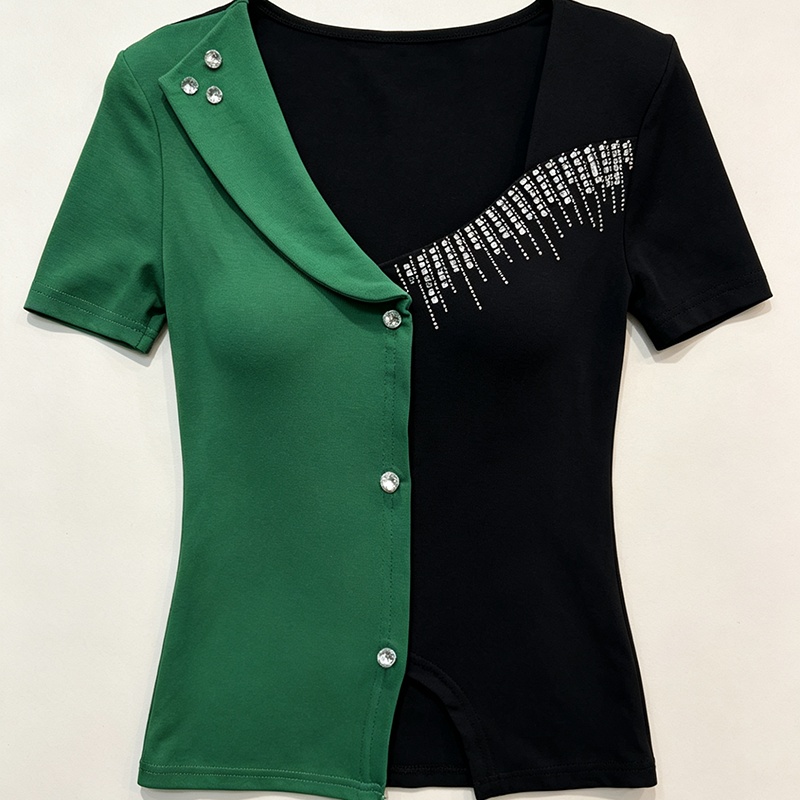 Pinched waist splice T-shirt slim all-match tops for women