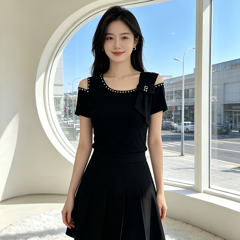 Slim strapless bow T-shirt fashion rhinestone tops