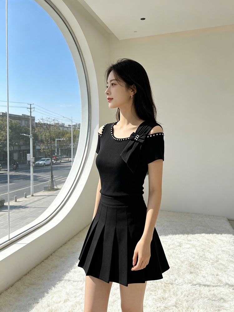 Slim strapless bow T-shirt fashion rhinestone tops