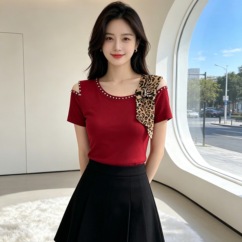 Slim strapless bow T-shirt fashion rhinestone tops